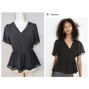 Madewell Women's Black Clip Dot Flutter Sleeve Belted Peplum Blouse Size…